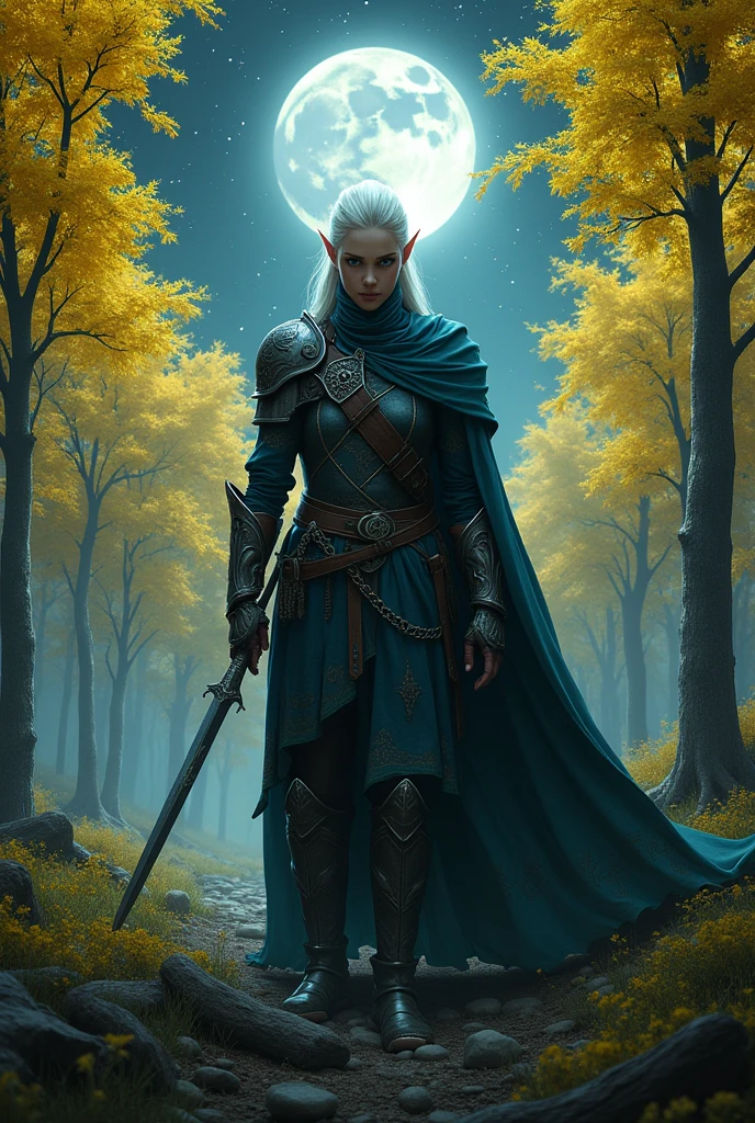 Elf Warrior, moonlight ,arbre neon yello, shooting stars, 4k realistic 