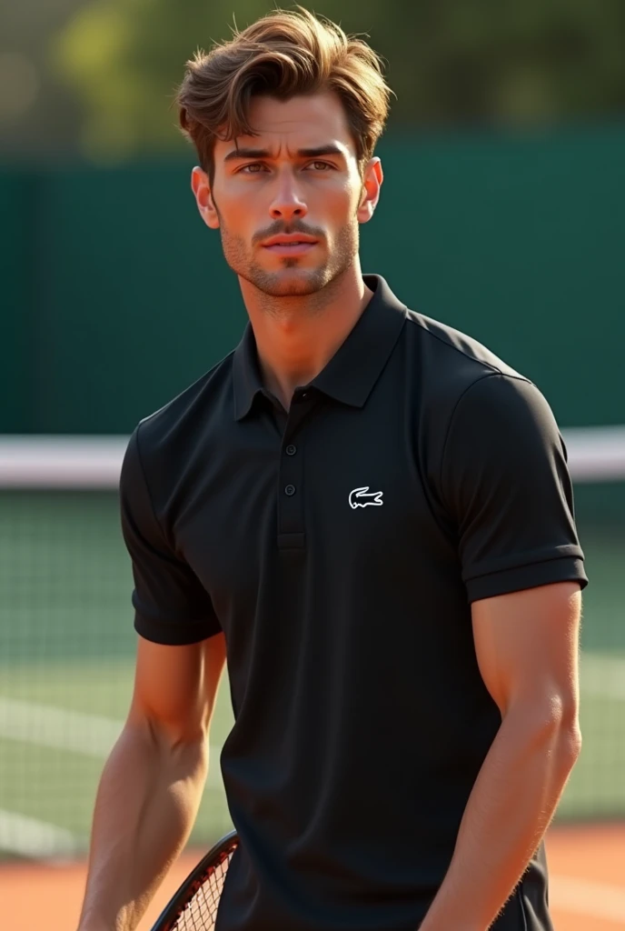 (photorealism:1.2), man with brown eyes and brown hair corpo todo na quadra de  tennis with babolat racket wearing a Lacoste polo shirt black with a super detailed ultra-realistic photorealistic 8k 