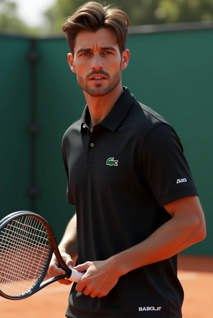 (photorealism:1.2), man with brown eyes and brown hair corpo todo na quadra de  tennis with babolat racket wearing a Lacoste polo shirt black with a super detailed ultra-realistic photorealistic 8k 