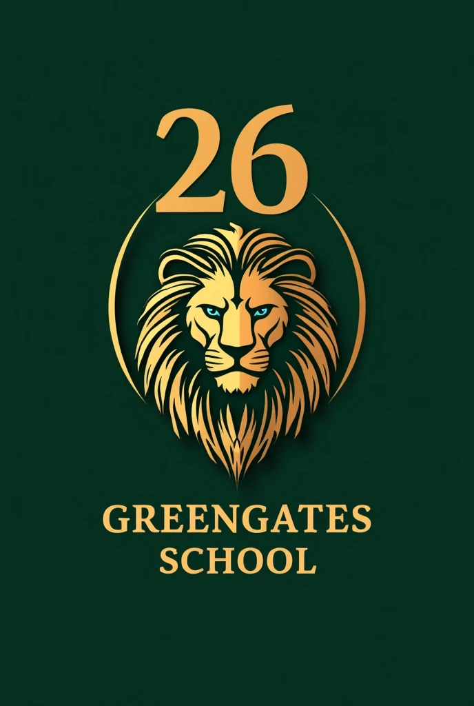 create a logo with a dark green background and a golden greengates school mexico lion head on it with the letters 26 behind the lion head 