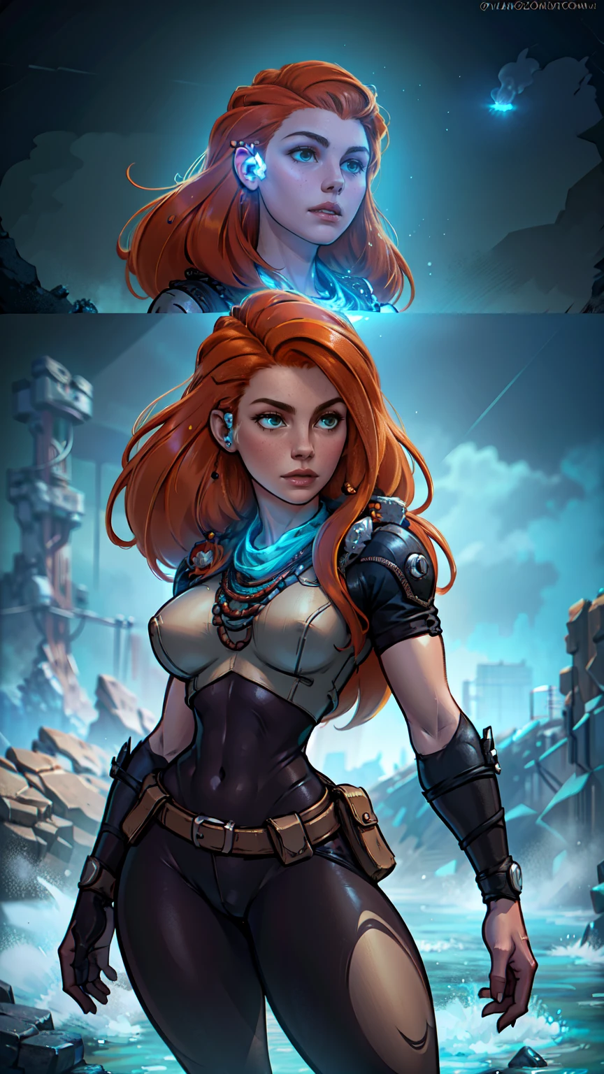 beautiful detailed eyes, beautiful detailed lips, extremely detailed eyes and face, long eyelashes, 1girl, cosplay, Kim Possible cosplays as Aloy from Horizon games, intricate detailed costume, high quality 3D render, cinematic lighting, photorealistic, hyper detailed, vibrant colors, warm lighting, dramatic pose, dynamic action, epic fantasy, human anatomy, human proportions