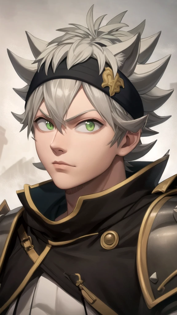 artwork, best quality, high quality, 1 boy, solo, male focus, looking at viewer, upper body, asta, green eyes, headband, gray hair, spiky hair, artwork, best quality, quality tall, 1 boy, solo, male focus , looking at viewer, upper body, asta, green eyes, headband, gray hair, spiky hair, artwork, best quality, high quality, 1 person, solo , focused man, looking at viewer, upper body, asta, headband, gray hair, spiky hair, High quality, very realistic, absurd, tall, highly detailed, HDR, masterpiece, highly detailed face and eyes, wearing battle armor complete, solo, male, handsome, in a dark place, there are lots of ruins, there is a wolf nearby, his body is sturdy, tall, his face is handsome, still youthful, like a Korean artist, flat facial expression, his body is big and muscular, tall, there was a black magic power near him