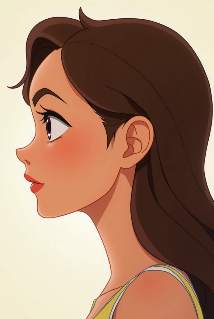 woman in animated profile with brown hair and a narrow forehead