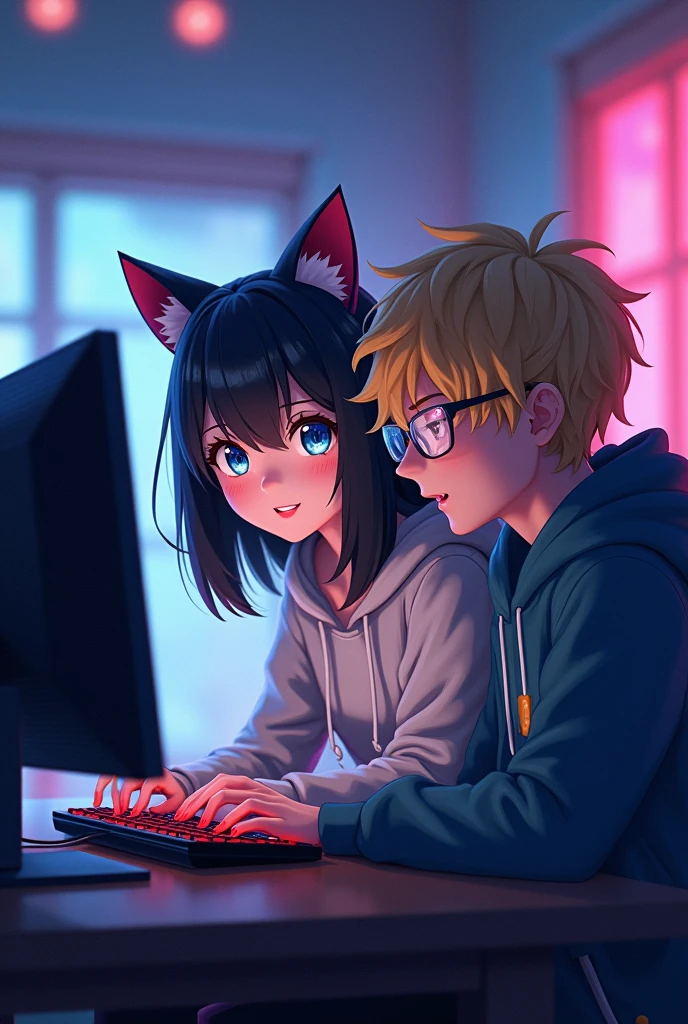 Gamer girl in a hood with cat ears with dark hair just below the shoulders, gamer guy next to him in transparent glasses with blond hair , at the computer