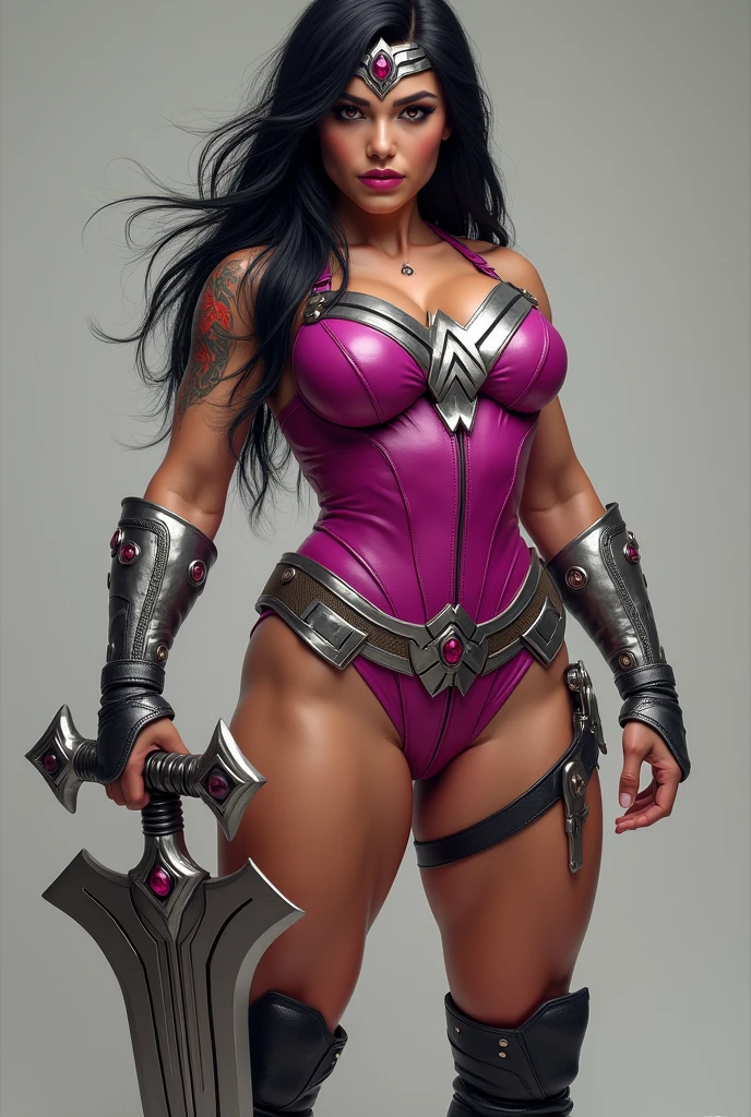 (((A beautiful woman with a thick build and muscles in her arms and legs))),(((Wearing a fuchsia leather jumpsuit))),(((Giant silver Wonder Woman emblem on her bust))),(((Large long metal bracelets in black))),(((Black metal boots))),(((Wide and thick silver-colored metal diaema on her forehead))),(((With a large red Saphire))),(((Giant Broad-Brimmed Sword))),(((Tattoos on one of his arms)))