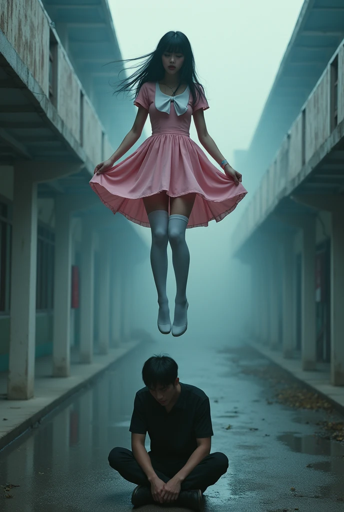 Schoolgirl scene in white thigh high socks, hanged , pink dress ,hovering in the air, female student standing on chair , a man sitting on the ground in panic