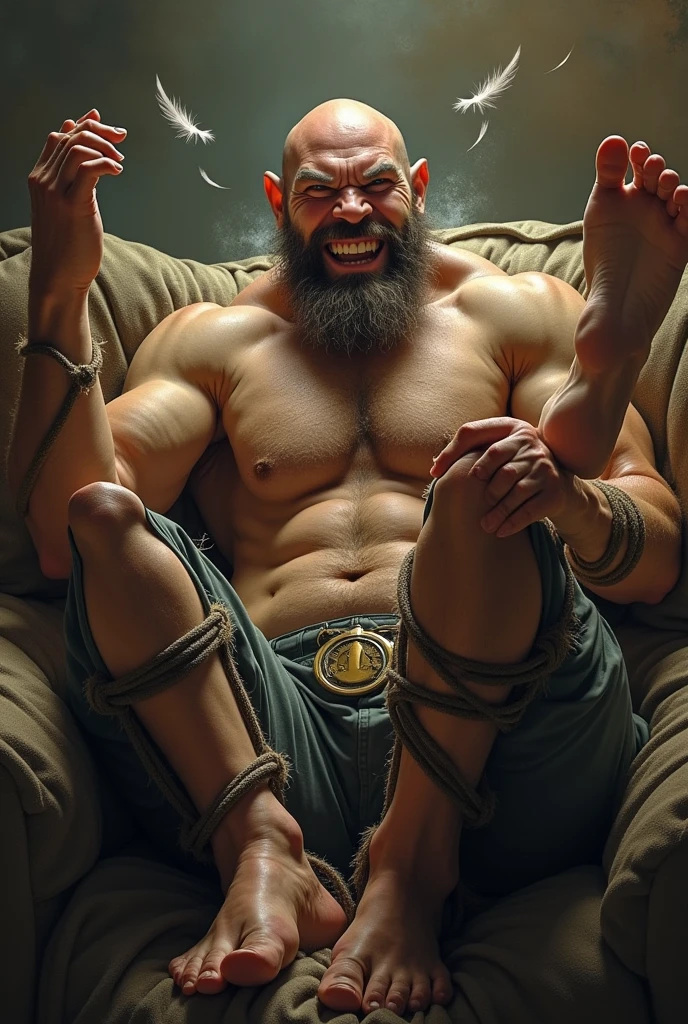 A handsome，Orc with abs tied to the sofa，Shoes taken off，Revealing two big bare feet，Both feet are locked in the foot，Feet raised，Soles facing forward，Five toes tied with rope in foot，His hands were tied tightly to one end of the sofa.，His upper body was stripped，Wearing only a pair of trousers，Being tickled by a man in a cap，His armpits were constantly tickled by feathers.，The soles of his feet were being scratched by two brushes.，The toes are also tickled by the feathers growing from the toes.。The abdomen is scratched with a brush，And he laughed，Struggling hysterically，Swinging his two feet。（Have an expression of laughing like being tickled，Keep your feet elevated，The soles of both feet should face the screen，There must be feathers on both feet）
