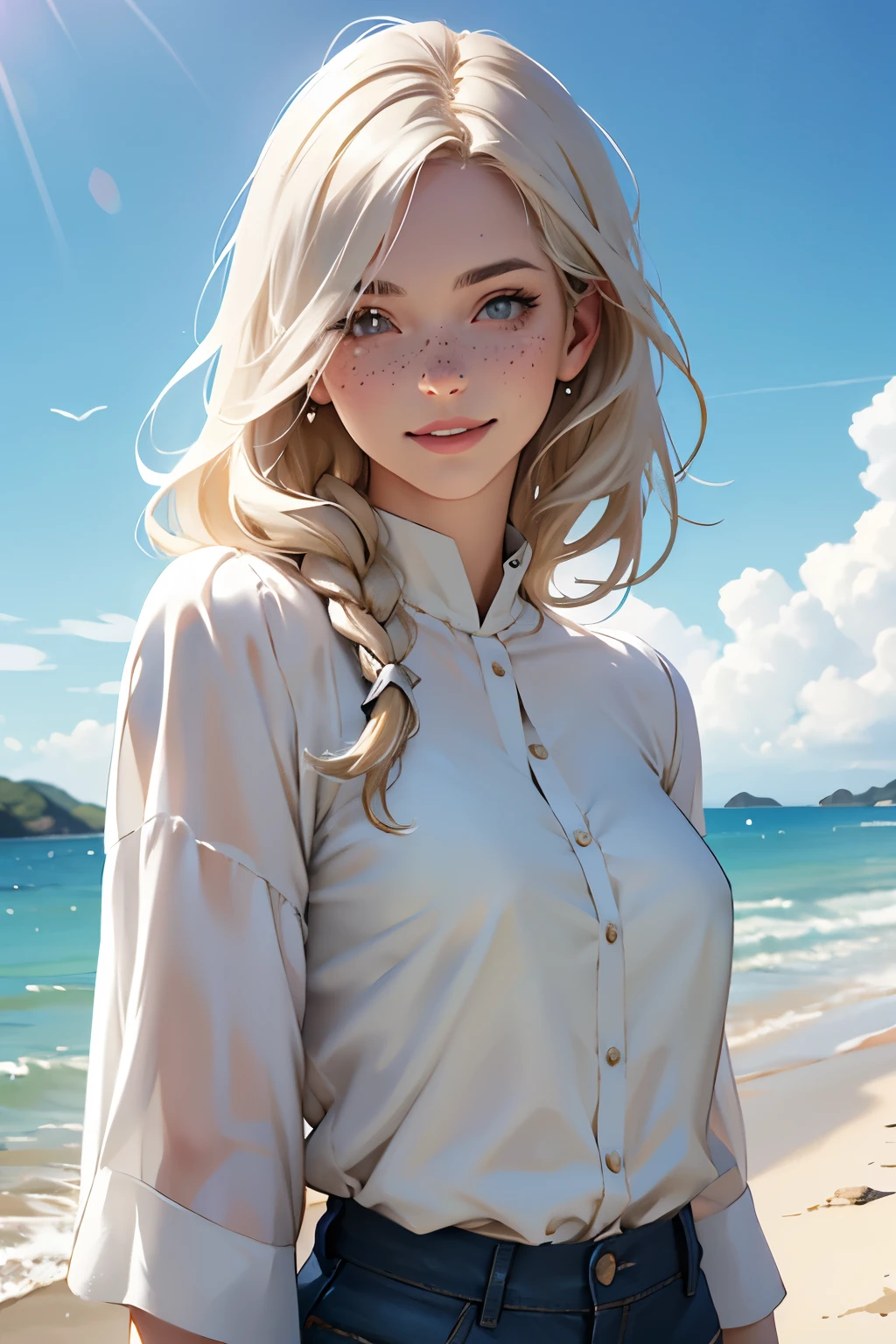 Woman, americana, age 25, pale skin and freckles, gray eyes, delicate nose, soft and delicate lips, far away, cabelo blondie far away e ondulado na altura da cintura, sweet smile, face with delicate feminine facial features, highly rendered, jaqueta branca, calça courino preta, blusa regata de seda creme
