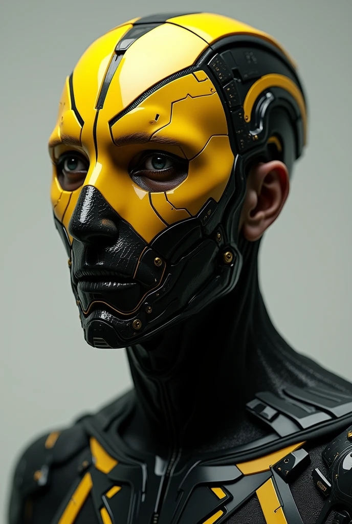 Man with technological mask that covers his entire face, yellow and black on his face
