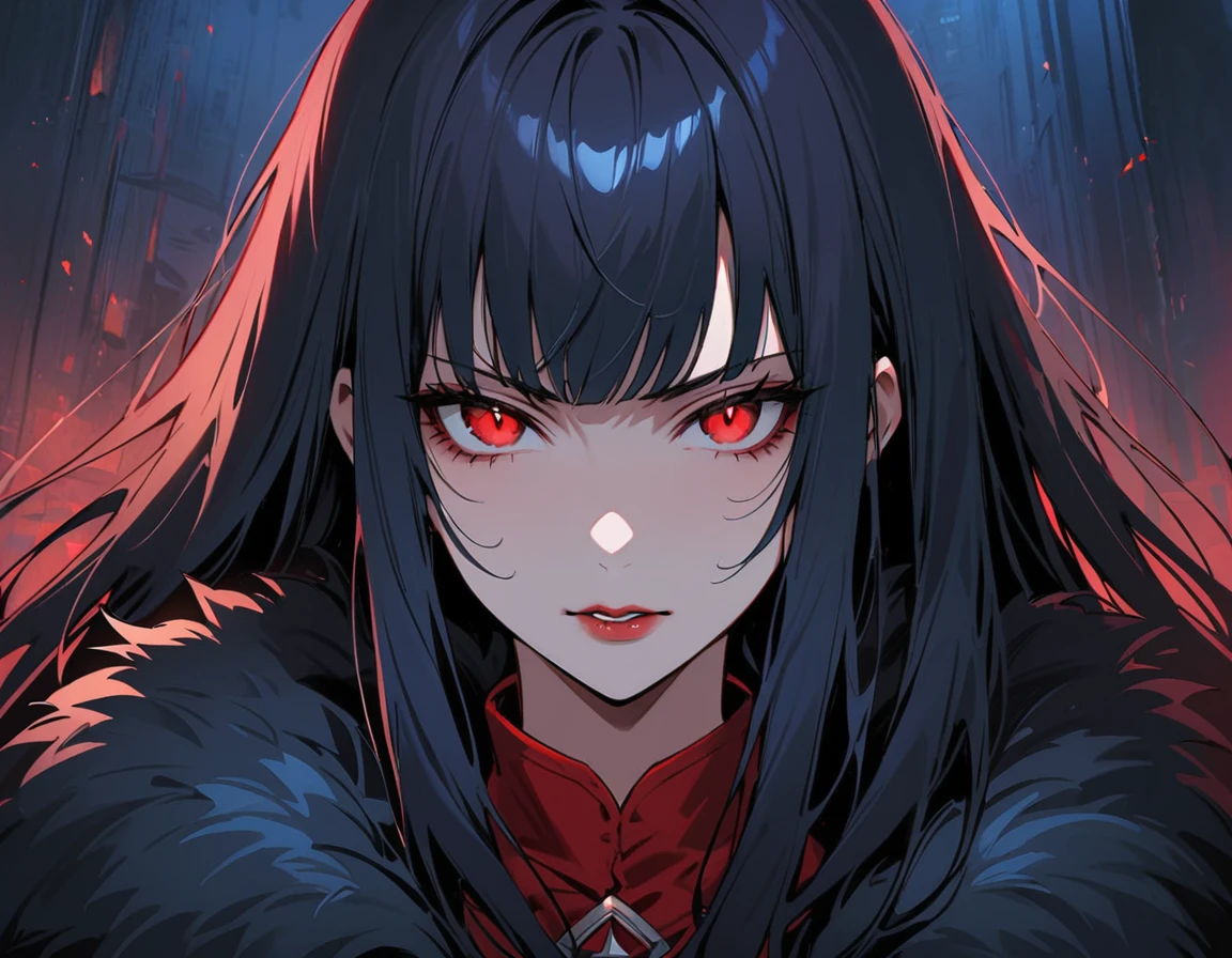 Long dark hair, dark eyes, evil, black and red clothes, evil face, evil, gloss lips, sinister, front look, bloody, gloves, close up, portrait, beautiful eyes, big white, dark place, night, sensual, straight hair cut, clear skin, evil, young 30 years girl, adult girl, solo, red, very long hair, ankle length hair, handsome older WOMAN，red pupils，Long dark blue hair，Hyperresolution，accuracy，Detailed rendering,（Image of fine hair）（topquality）（Masterpieces of masters）（High degree of completeness）（A sense of atmosphere）tmasterpiece，Super detailed and super detailed（((full-body)))(((Loose fur fighter outfit))) (((Soft expression)))(((ankle length dark blue hair)))