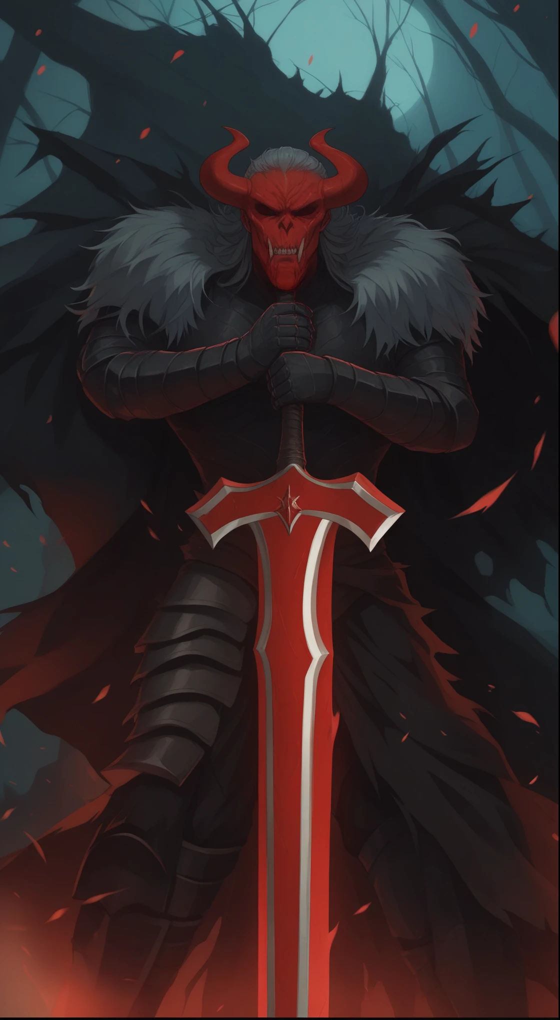 a close up of a person holding a sword in a dark forest, blood knight, berserk skullknight black armor, anthropomorphic raven knight, evil knight, berserk art style, grimdark paladin, berserk guts, dark souls art style, badass anime 8 k, ares with heavy armor and sword, demon slayer artstyle, lord of cinder