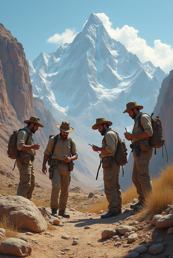 A group of four archaeologists and scientists at an excavation site in the mountains of Mount Ararat, with excavation equipment and old tools in the background. The environment is arid and mountainous, with clear sky."
