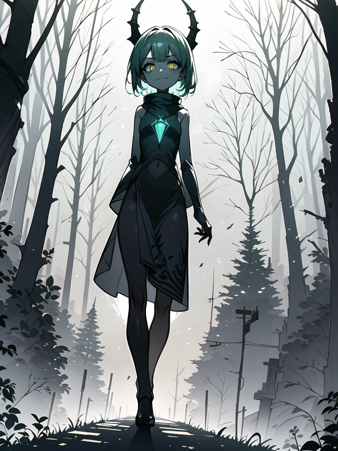 (((masterpiece, best quality, 8k))), fierce female knight, (full-body), emerald dragon scale armor, shimmering green glow, short spiky white hair, strands framing a sharp face, intense emerald eyes, smirk of confidence, walking through a dark enchanted forest, bioluminescent flora, dragons lurking in the misty canopy, magical energy crackling around her, (mystical lighting, high contrast)