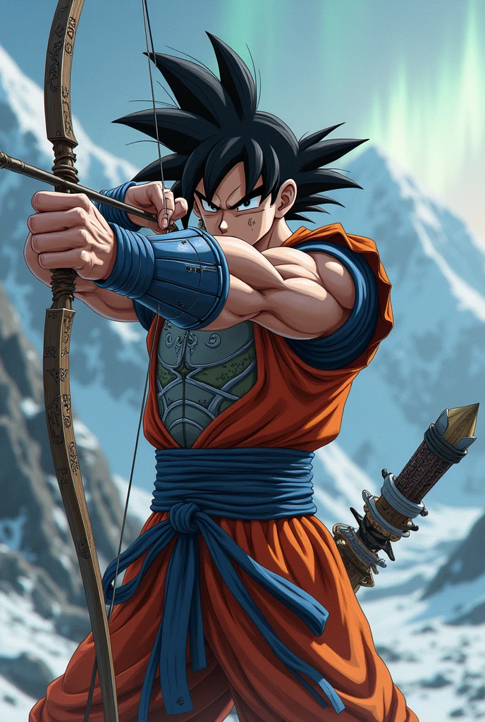 more mature goku from the anime dragon ball z mixed with the elder scrolls skyrim in archer pose with armor realistic quality