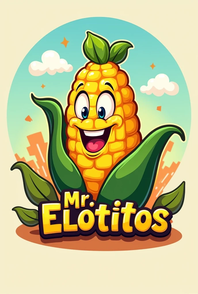 Draw a logo that says Mr..elotitos that has an animated corncob and that is cartoonish and prettier LOGOOOOOO