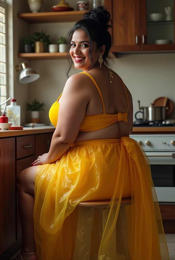 40 year old indian married women looking at the viewer, wearing shiny glossy and reflective finish polyester plus size full length transparent white silk skirt and transparent yellow bikkini , big Fat ass, Voluptuous, wide hips,Big thighs, scooped Big breast, ,fat wide ass , thin curvy tummy, messy bun, lipstic, smiling face,strap high heels, Jewellery, sitting on a small stool in kitchen , ornaments, white skin tone, clean skin, (back side view)