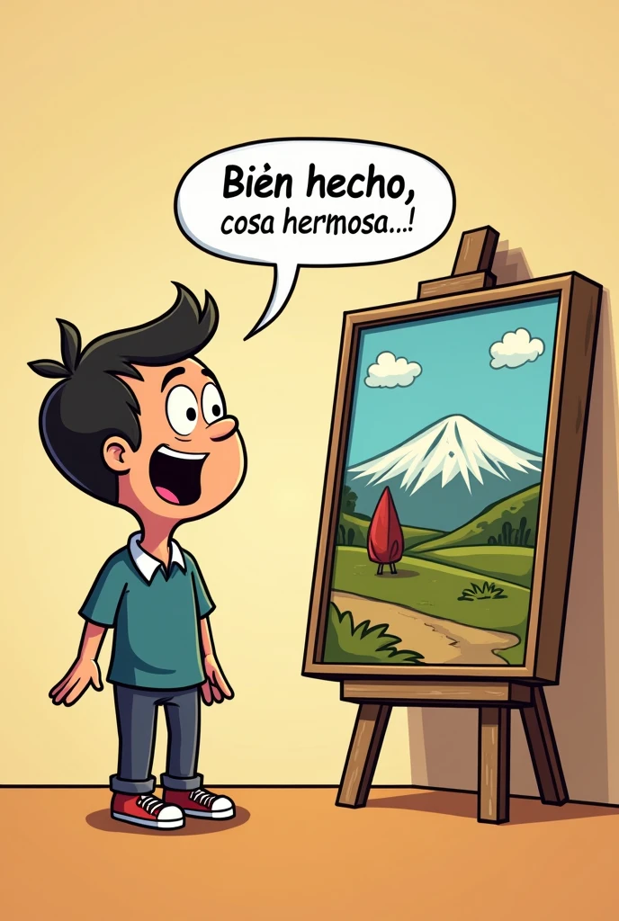 Create a comic strip character saying in Spanish "thing well done, beautiful thing" looking at an art painting,and the image is not in perspective, Put the picture straight, that is, not in perspective, say it in SPANISH