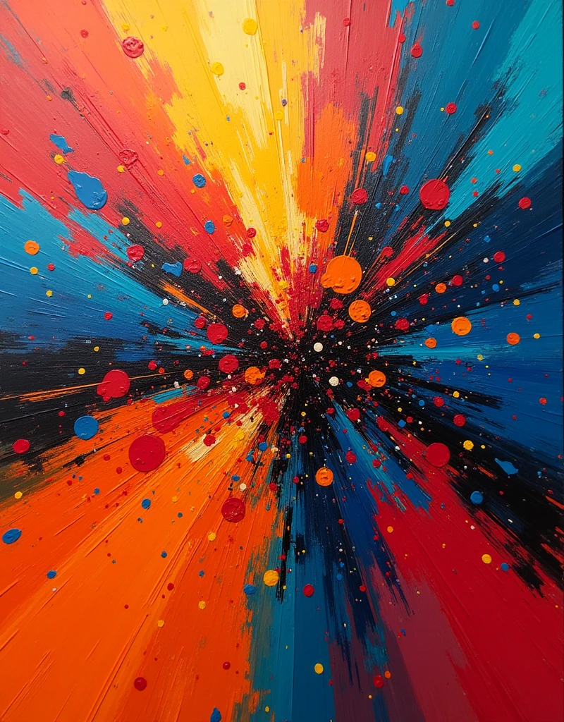 A vibrant abstract expressionist artwork featuring dynamic, bold strokes and splashes of bright colors like red, blue, orange, and yellow. The painting should have a sense of movement and energy, with the colors blending and interacting in a chaotic yet harmonious manner. The composition should evoke the style of action painting, where the physical act of applying paint is evident, creating an explosion of color and form that suggests spontaneity and emotion.