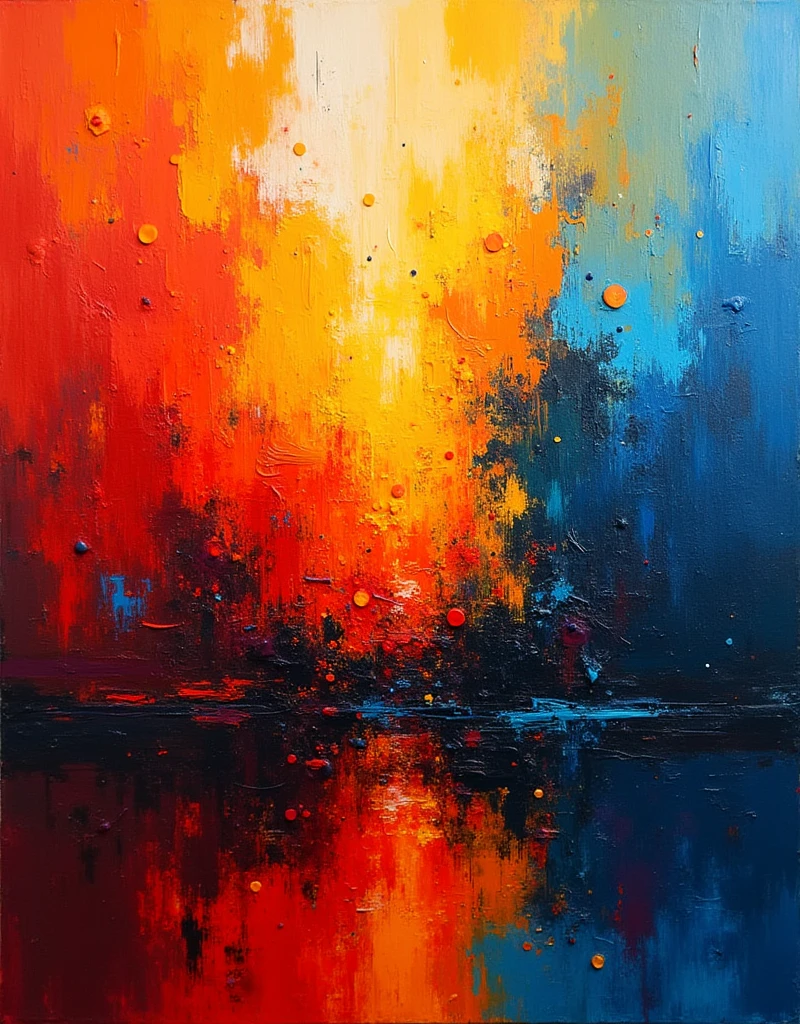 A vibrant abstract expressionist artwork featuring dynamic, bold strokes and splashes of bright colors like red, blue, orange, and yellow. The painting should have a sense of movement and energy, with the colors blending and interacting in a chaotic yet harmonious manner. The composition should evoke the style of action painting, where the physical act of applying paint is evident, creating an explosion of color and form that suggests spontaneity and emotion.