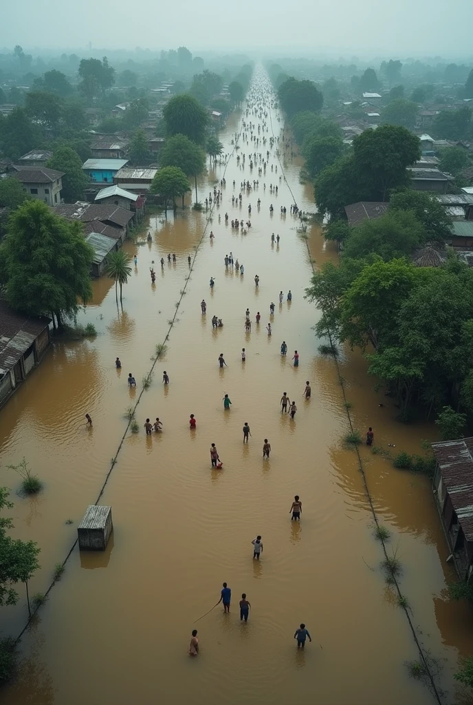 বাংলাদেশের বন্যার পরিস্থিতি নিয়ে একটা পিকচার বানিয়ে দাও।
যেখানে অনেক উপর থেকে ড্রোন শট নেয়া হয়েছে যেখানে পশু পাখি মানুষজন সবাই ভেসে যাচ্ছে চারিপাশে শুধু পানি আর পানি আর মাঝখানে কিছু জনপদ