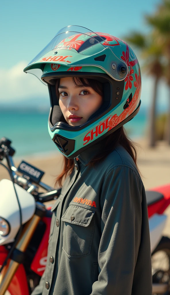 realistic, cinematic scene, very beautiful Japanese high school girl, standing next to the off-road motorcycle, in front of a trendy seaside cafe, dramatic scene, masterpiece, (face focus:1.3), clear helmet visor, beautiful eyes, Honda CRF250L, stylish patterned Shoei helmet, (wearing off-road rider's outfits), (shoot from side:1.3)