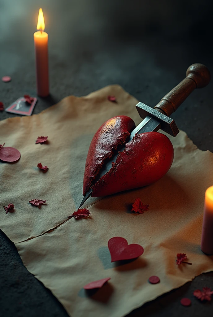 Create an image of a large, blank sheet of aged paper next to it., a Broken Heart Held by a Dagger , some scattered playing cards  , A candle, a sad environment, rosa murcha