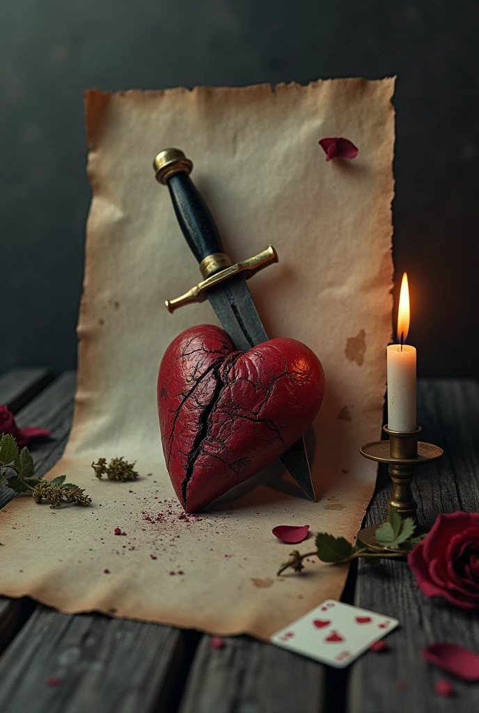 Create an image of a large, blank sheet of aged paper next to it., a Broken Heart Held by a Dagger , some scattered playing cards  , A candle, a sad environment, rosa murcha