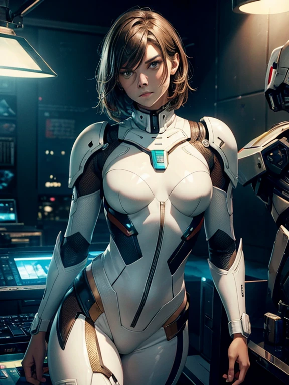 masterpiece, best quality, ultra realistic, hyper-detailed, 8k resolution, RAW photo, champion, sharp focus, Lauren Cohan, (1girl), solo, gorgeous face, perfect body, young female, 25yo, portrait, mecha, white armor, nanosuit, sexy, golden brown messy hair, round breasts, wide hips, slim athletic body, thick thighs, cinematic, cinematic light, dark theme, "looking at the viewer"