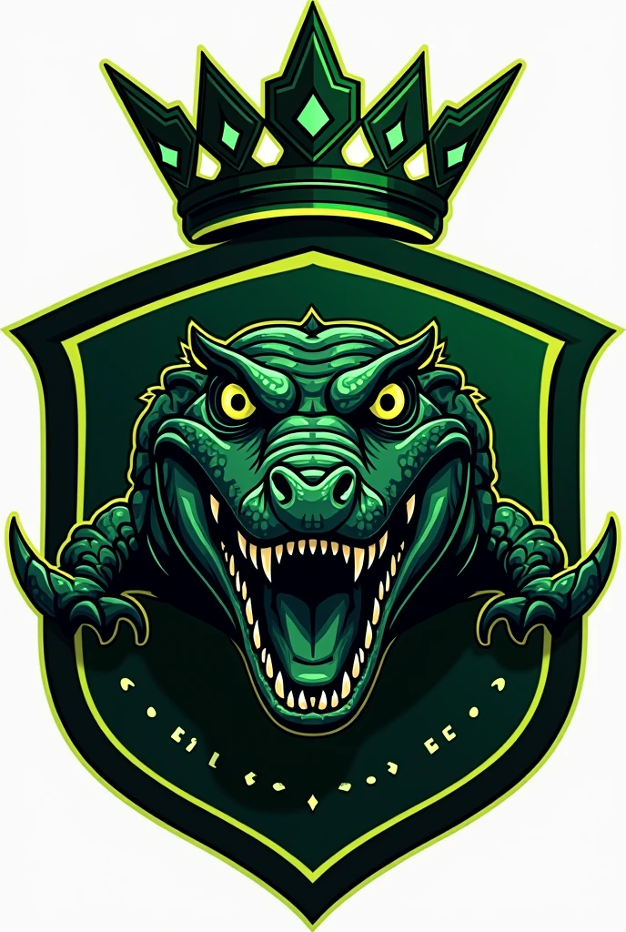 Generates a soccer shield related to a crocodile with great detail and a crown with dark green colors, negro, lime green and a light yellow and the shield says REAL CAMBAS FC spelled correctly