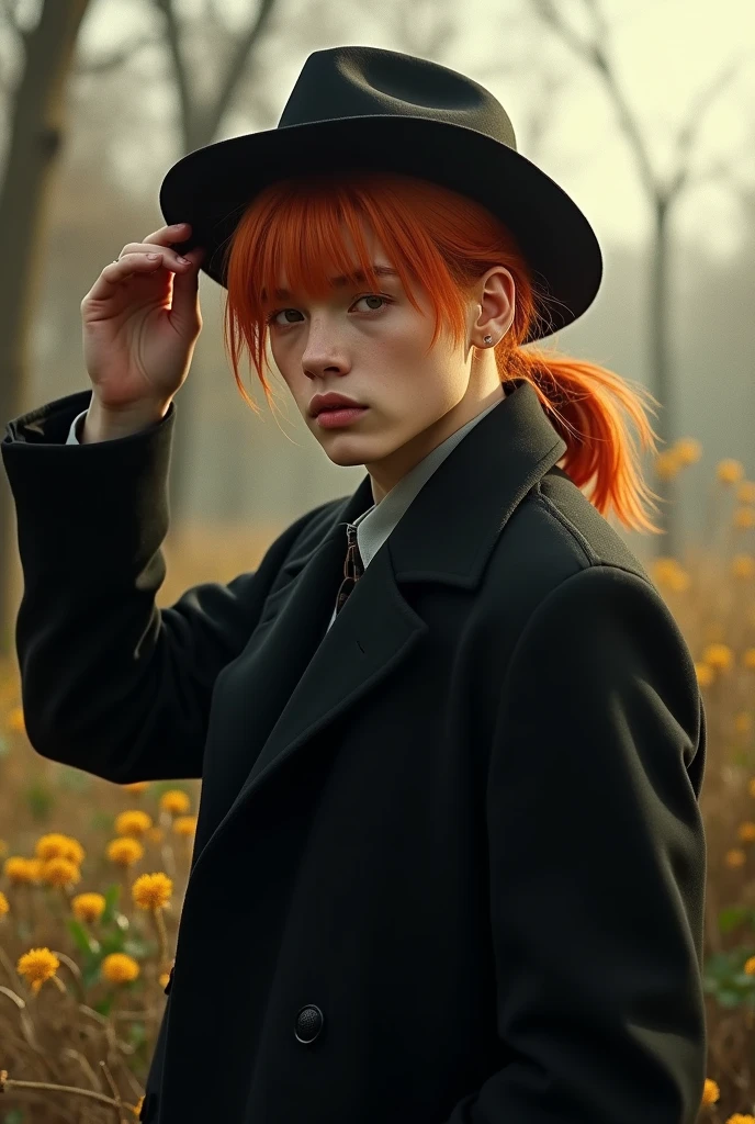 REAL LIFE, Ginger young man, orange hair, low ponytail, bangs in the hair, male, hes using a hat, real life, realistic, MAN, retrô, human, live action, Black coat, Full body