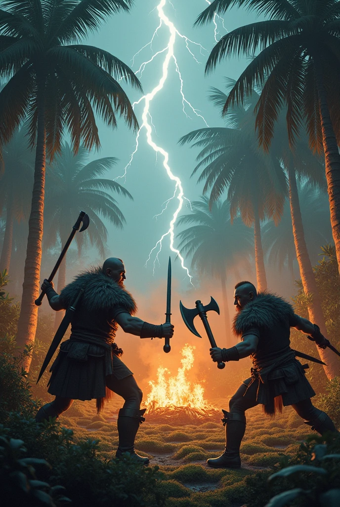 flames, natta, lightning, Viking warriors fighting fiercely against backwoods cowboys, carnauba palms