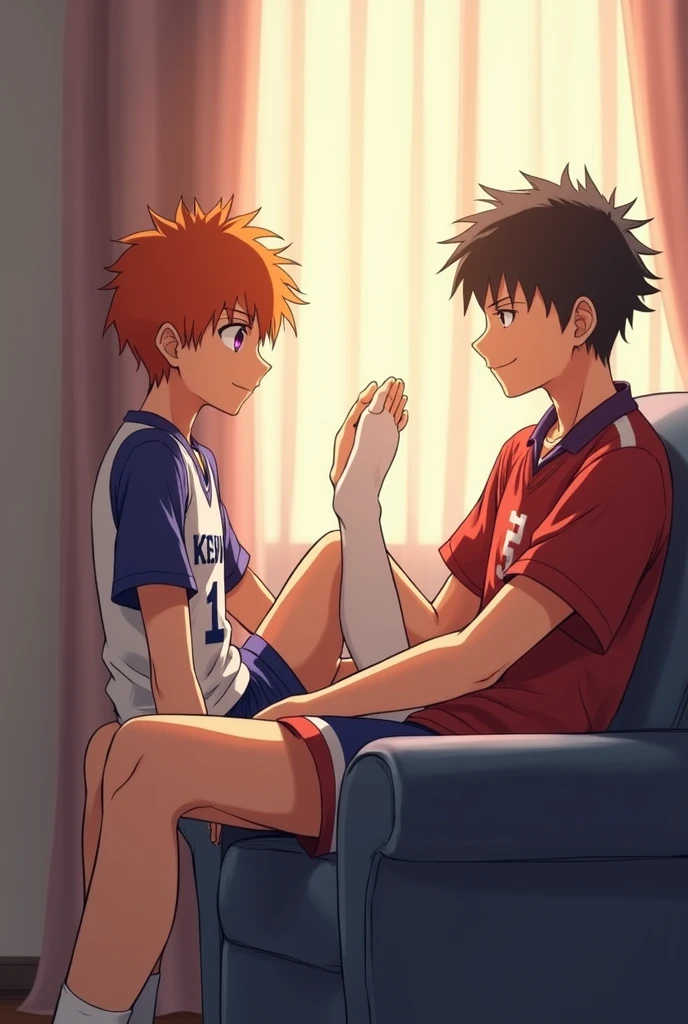 A side view of Kageyama from Haikyuu sitting on a couch, with only Shoyo Hinata's feet resting in Kageyama's lap. Hinata is wearing his Karasuno High School volleyball uniform and white socks that reach his ankles. His eyes are a deep, hypnotic violet, suggesting he is under a trance. His signature orange hair is slightly tousled. Kageyama, slightly older, gazes down at Hinata's feet with a knowing smile, as if sharing a secret. The scene is bathed in soft, warm light, creating a peaceful and intimate atmosphere. The artwork should be in the style of the Haikyuu anime, with vibrant colors, dynamic lines, and expressive characters.
