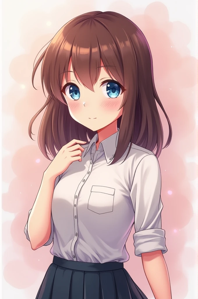
A slim student girl with pink skin and beautiful shoulder-length brown hair, accompanied by beautiful sky blue eyes, anime style 
