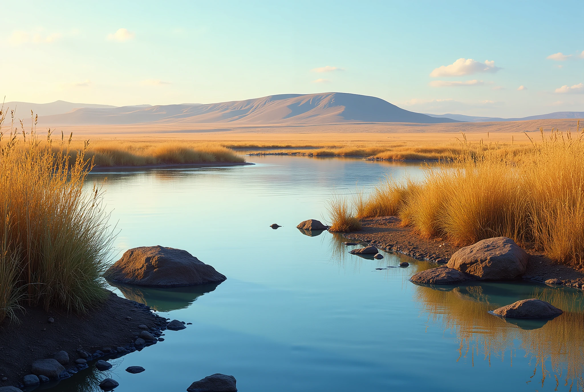 Create a dramatic, AI-generated artwork of a serene, shallow lake in Africa. Focus on a tranquil, open landscape with the lake surrounded by natural elements of the African savanna, such as tall grasses, partially submerged rocks, and distant hills.
Use rich, vibrant colors and sharp details to highlight the textures of the still water and the surrounding environment. The lighting should be dramatic, with strong contrasts to emphasize the natural beauty of the landscape.
The final artwork should be high-resolution and visually impactful, capturing the serene and expansive beauty of the African landscape, creating a striking and memorable image.