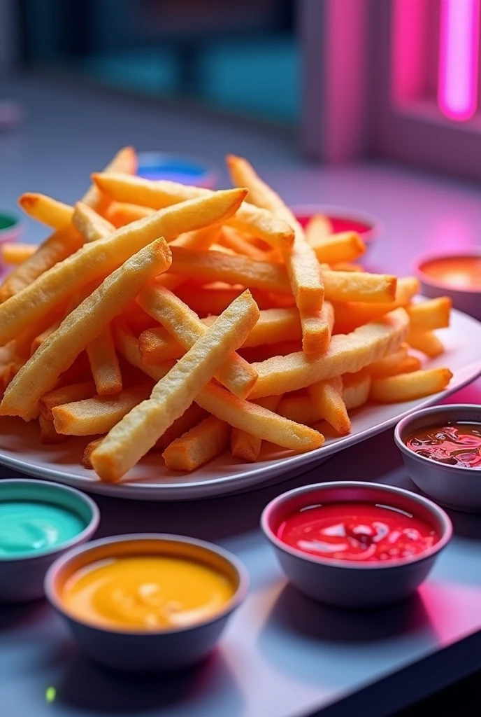 Crispy fries with a variety of colorful, futuristic dips.