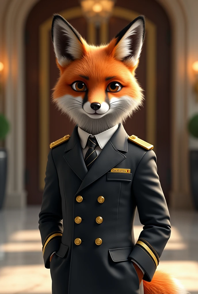 Realistic fox in doorman's outfit with Stefany print