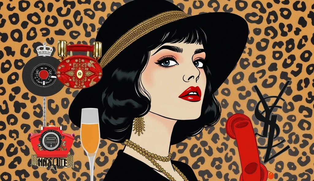 Créer un collage audacieux et éclectique avec une esthétique rétro mais avant-gardiste. L’arrière-plan doit présenter un motif imprimé léopard. Inclure un logo de magazine "Vogue" en haut, avec une image noir et blanc de style film noir vintage avec texte de lecture, "Aucun homme n’a jamais été sûr d’elle." Entourer ce sac de divers articles de mode vintage et de luxe : une paire de lunettes de soleil rouge à effet chat, un rouge à lèvres MAC, un sac à bandoulière Prada Milano et des accessoires cloutés. Inclure un visage de léopard, une jupe en jean et une collection de bagages à motifs de léopard. Incorporez des éléments ludiques et provocateurs comme un téléphone à cadran rouge, un ensemble de clous bien entretenus avec des motifs en léopard, un paquet de cigarettes dans une boîte en imprimé léopard et un autocollant disant "Je n’ai pas de marijuana!" Fixé à un verre de champagne. Ajoutez des bijoux métalliques, un pendentif Yves Saint Laurent et des touches de luxe avec des verres à champagne et des articles de créateurs. Inclure du texte et des éléments comme un autocollant "Let’s get slutty" pour transmettre une humeur rebelle et confiante. Assurez vous que la palette de couleurs est dominée par des nuances de rouge, d’or et de tons léopard, créant une atmosphère à la fois élégante et chaotique.