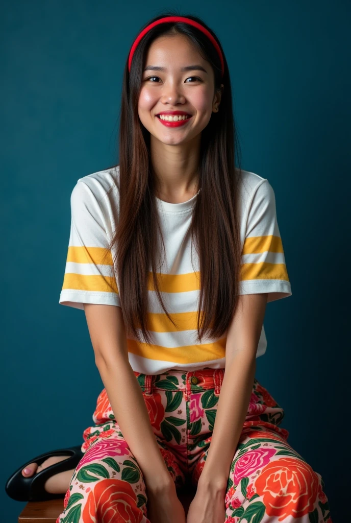 Create a 4 full body beautiful Thai's woman's smiles brightly, has a long straight shiny hairstyle with red headband, wears a rose's designs and say's  " alliz " white t-shirts yellow stripes colorful pants rose's designs and black beautiful shoes, sitting on the dark blue, photography.