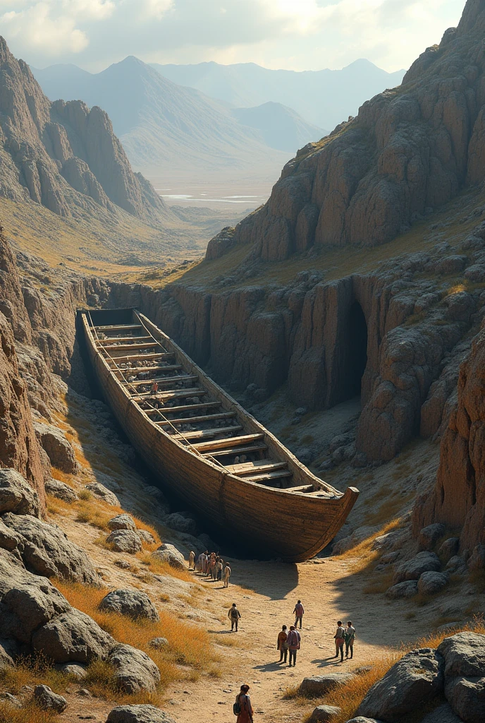 An ancient boat-shaped structure emerging from the ground in an area of Mount Ararat, with researchers around examining the discovery. The structure is partially buried, revealing construction details."