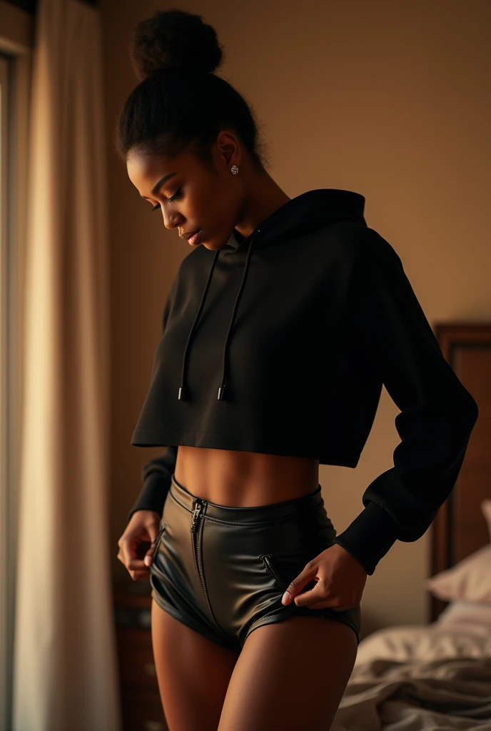 a black woman with a bun hairstyle, wearing a black hoodie, bending over and pulling up her black leather short shorts, in her bedroom putting on clothes, detailed face and body, photorealistic, ultra-detailed, 8k, realistic lighting, cinematic composition, dramatic shadows, warm color tones