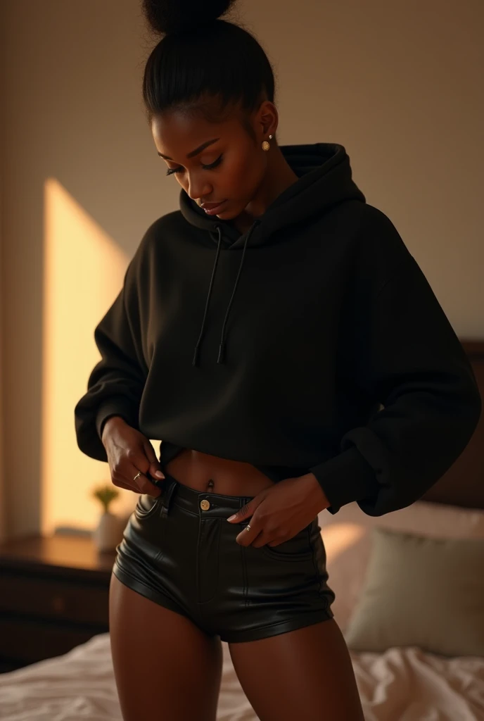 a black woman with a bun hairstyle, wearing a black hoodie, bending over and pulling up her black leather short shorts, in her bedroom putting on clothes, detailed face and body, photorealistic, ultra-detailed, 8k, realistic lighting, cinematic composition, dramatic shadows, warm color tones