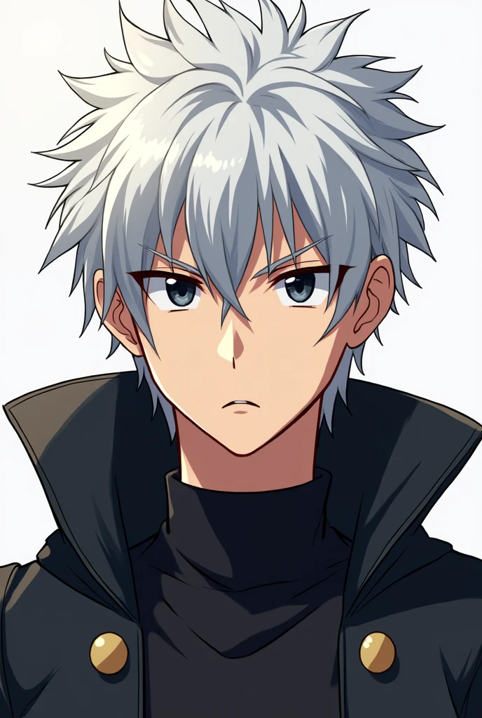 Create an image of a mercenary man with white hair, black eyes, average physique, anime inspired by Kirito, without weapons, with black eyes, serious face