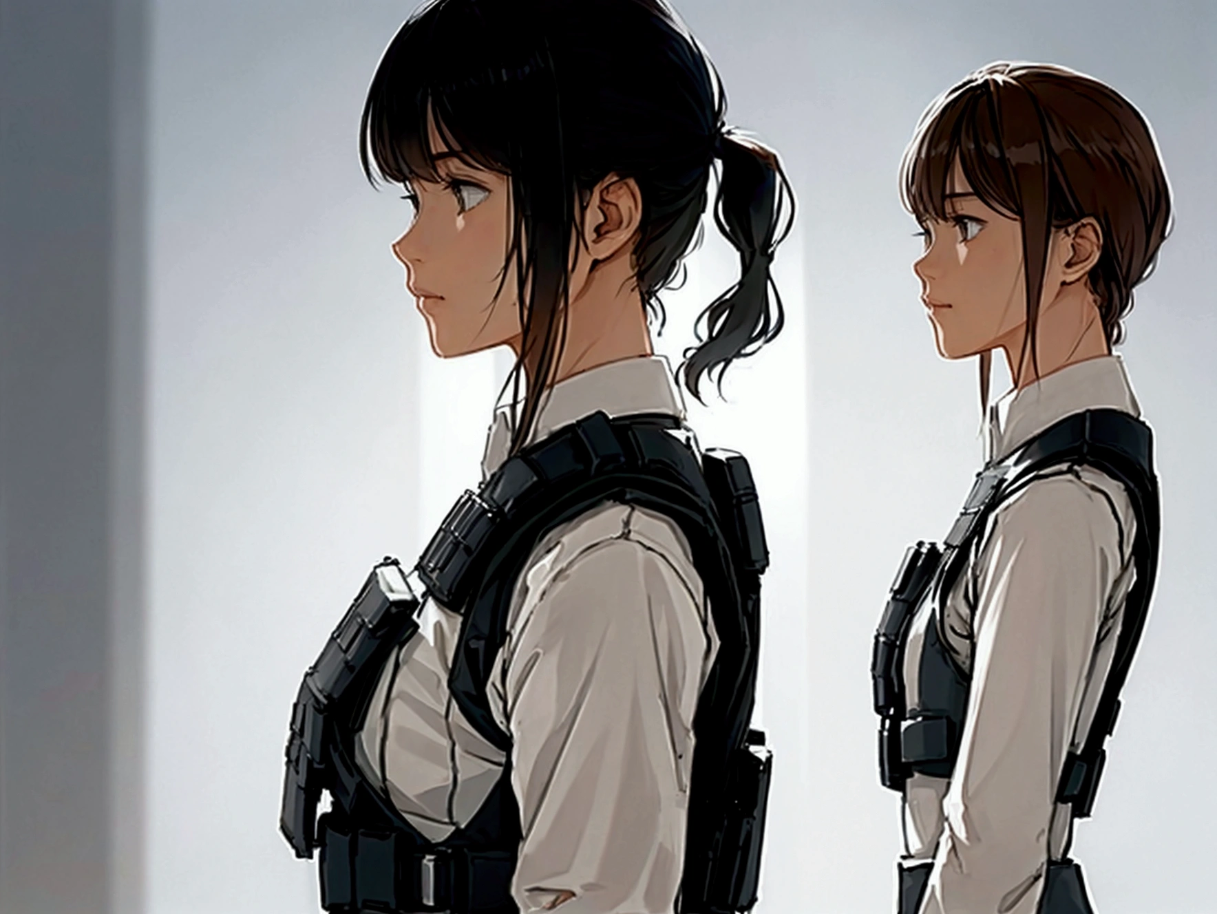 Standing boy, 1 boy, , 4-sided design, Diagonals, front, back, profile, Head to body ratio 5, character sheet, whole body, simple background, Four perspectives, tactical gear, bulletproof vest, Good quality, high detail, bulletproof vest, Good quality, high detail, ultra detailed, masterpiece, best quality, aesthetic, detailed, Military, soldier