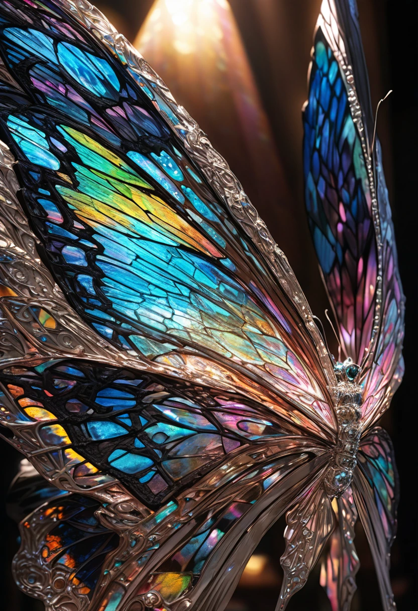 stained glass butterfly, a work of art carved from pearl platinum crystal, (ultra detailed, absolutely resolution, best quality:1.3), 2.5D, delicate and dynamic effects, iridescent lighting effects, artistic photography, hyper realistic