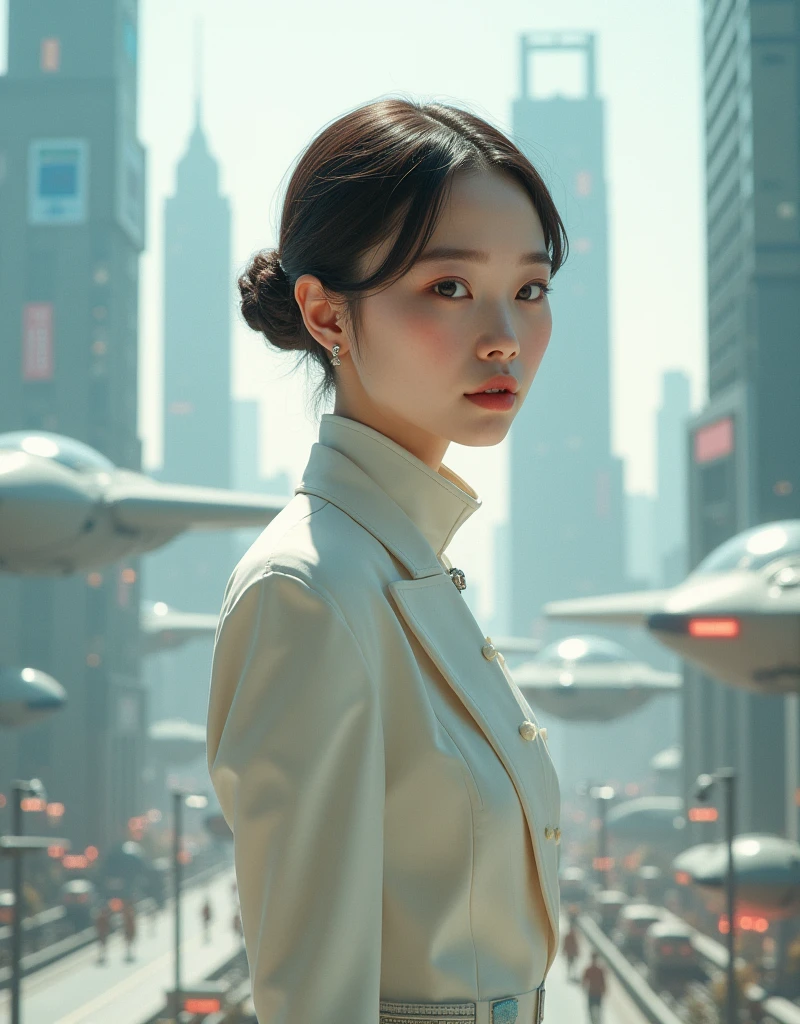 Girl, solo, body, delicate and realistic skin, pale skin, big, official art, unified 16k wallpaper, ultra detail, beauty and aesthetics, beauty, masterpiece, best quality, in cyberpunk city, fantastic atmosphere, calm color palette, peaceful mood, soft shadows, flight attendant uniform, glamourous contemporary art