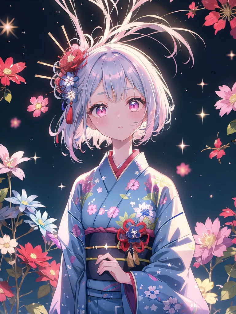 ((8k, Highest quality, masterpiece: 1.3)),Ultra-high resolution,(1 girl, alone), (Color changing eyes, Ultra-detailed, Expressive brilliance, Glitter, Glowing Eyes), Highly detailed eyes, Highly detailed face, Random Hair, ((pastel colour))Create an image of a cute anime girl with light blue shoulder-length bob-cut hair, which has a natural shine and soft texture. Her bangs are gently parted to the sides, slightly above her eyebrows. She has large, vibrant pink eyes that are glossy and give a charming and slightly surprised look. Her expression is gentle, shy, and a little reserved. She is wearing a traditional Japanese yukata with a white base and pink and red floral patterns, accented with a subtly visible red obi at the neckline. A blue flower hairpin adorns the left side of her hair, adding a touch of elegance and cuteness. The background is set at night with a deep blue sky, creating a serene and magical atmosphere. Slight hints of traditional Japanese architecture are visible, enhancing the calm and evening ambiance around her.