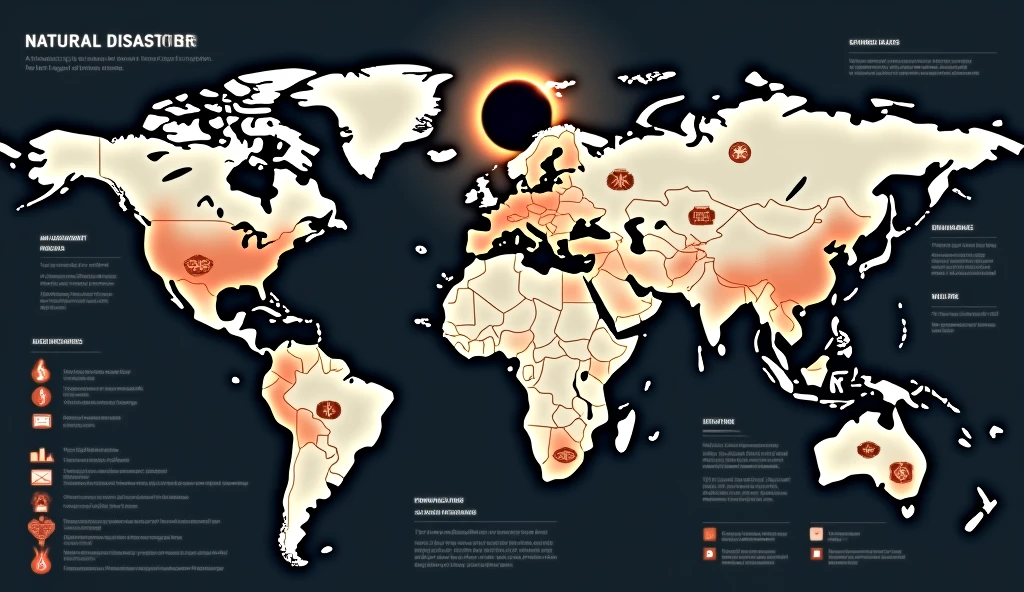 A map showing global natural disasters and humanitarian efforts during the eclipse, highlighting their connection. The scene should be informative and urgent. --ar 16:9
