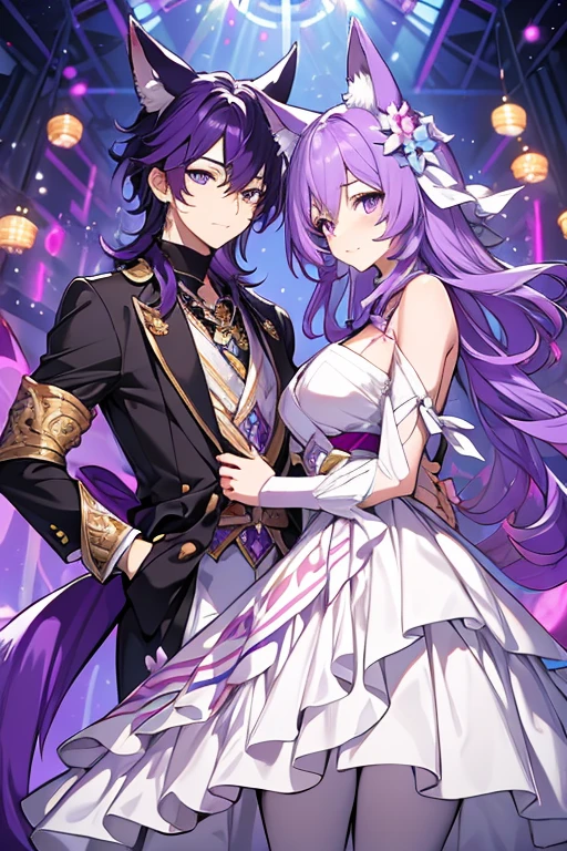 An adult woman with purple eyes, long bright purple hair with fox ears. Wears an elegant dress. She must be wearing a purple leggings. she comes from wonderland