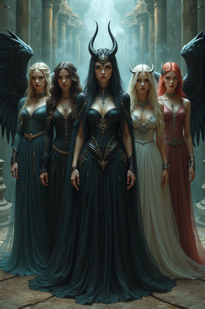 Group of 7 members with a alien, dark feminine goddes , wizard, male dark Angel, angel maiden, two more Angeles ( all will be 4 female characters and 3 male characters )