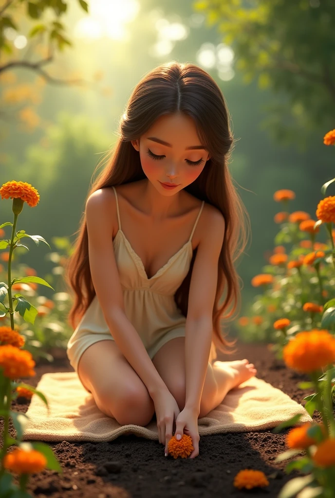The character is kneeling on a soft garden mat, They carefully dig small holes in the rich soil., Dark Earth. They are、Carefully place a bright marigold seedling into each hole., Tap soil lightly around the base to secure it in place. The sun shines warmly, Emphasize the character&#39;s satisfaction imagining a garden in full bloom. The character is long, straight, Messy, Brown Hair, Bright yellow eyes, Snow-white skin, perfect and delicate face, She is very beautiful、, Create a Pixar-style Disney image, In 9:16 formats.